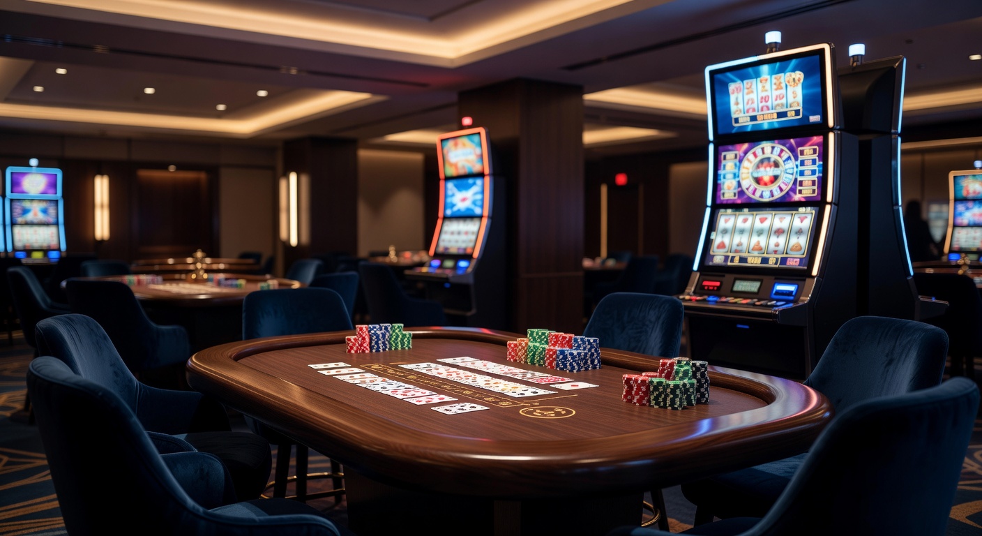 Interior view of a modern casino floor with diverse gaming stations and players engaged in various activities